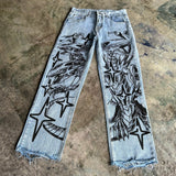 QDBAR Harajuku y2k baggy jeans blue eyes white dragon print wide leg denim pants popular anime jeans streetwear trouser men clothing