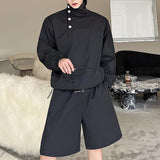 QDBAR Stand Collar Side Button Tops Shorts Casual Suits