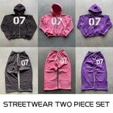 QDBAR American Hip Hop Streetwear Zip Hoodie Sweatpants Suit Y2K Clothes Men Clothes Two Piece Set Print Sweatshirt Casual Pants Suit