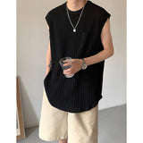 QDBAR Pleated Texture Casual Crew Neck Tank Top