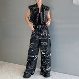 QDBAR Retro Ink Waistcoat Wide-leg Pants Suit