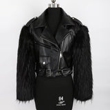 QDBAR Winter Short Thickened Warm Soft Fluffy Black Patchwork Pu Leather Biker Jacket with Faux Fur Inside and Sleeves