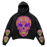 QDBAR Retro hooded sweatshirt skull print flame Y2K retro hooded pullover jacket street style goth casual fashion men's Harajuku top