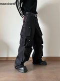 QDBAR Spring Autumn Cool Black Wide Leg Cargo Pants Multi Pockets Long Techwear Clothes Handsome Trousers Streetwear 2025