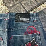 QDBAR Y2K Denim Capris New Gothic Retro Cross Graphic Embroidered Shorts Harajuku Hip Hop High Waist Casual Dark Blue Shorts Men Women