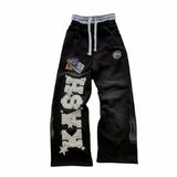 QDBAR Y2K Red Double Waist Sweatpants Harajuku Letter Graphic Patch Baggy Trousers Men Women Clothing Gothic Jogger Pants Streetwear