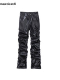 QDBAR Autumn Long Ruched Black Pu Leather Stacked Pants Men Dark Academia Vintage Clothes Steampunk Trousers Streetwear