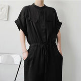 QDBAR Asymmetric Pocket Stand Collar Short Sleeve Jumpsuit