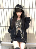 QDBAR 90s Streetwear New Leopard Print Fake Two Piece Double Zip Hoodie Streetwear Retro Harajuku Gothic Y2K Women Long Sleeve Zip Hoodie Long Sleeve