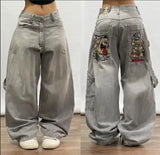 QDBAR American Skull geometric gothic pattern popular street high-waisted jeans men 2000s vintage hip-hop fashion straight baggy pants