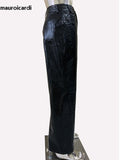 QDBAR Spring Long Black Faux Leather Pants Men High Waist Luxury Designer Pleated Pu Leather Straight Trousers Clothes