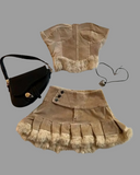 QDBAR Y2K Two Piece Sets Women Sexy Cute Strapless  Bodycon Tops High Waist Pleated Mini Skirt Harajuku Goth Brown Raw Edge Skirt Suit