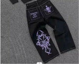 QDBAR Y2K Fashion Jeans Men Women Harajuku Cross Graphic Rhinestone Baggy Trousers Goth Retro Blue Straight Pants Streetwear Clothing