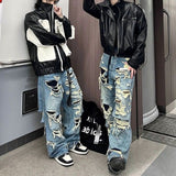 QDBAR Blue hole design high street popular high waisted jeans men y2k baggy hip hop fashion trend straight wide leg pants 2025 vintage