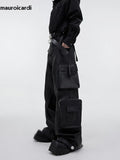 QDBAR Autumn Cool Black Baggy Pu Leather Wide Leg Cargo Pants for Men Three-dimensional Pockets Luxury Designer Clothes