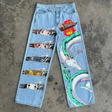 QDBAR Grunge skeleton pattern wide leg jean couples high street trouser retro pants streetwear harajuku y2k denim mens baggy jeans