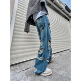 QDBAR Blue hole design high street popular high waisted jeans men y2k baggy hip hop fashion trend straight wide leg pants 2025 vintage