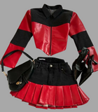 QDBAR Y2K Black Red Color Denim Splicing Leather Skirt Suit Women Harajuku Long Sleeved Zipper Jacket Gothic Pleated Skirt Autumn Suit