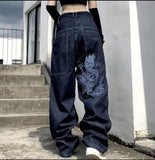 QDBAR 90s Streetwear Baggy Jeans Dragon Pattern Embroidery Y2k Jeans Skateboard Hip Hop Straight Trousers for Men and Women Retro Harajuku Streetwear