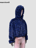 QDBAR Spring Winter Short Colorful Leopard Print Soft Warm Faux Fur Coat Women with Hood Long Sleeve Fluffy Jacket 2025