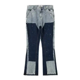 QDBAR American retro jeans, personalized raw edges trendy midline splicing YK2 blue embroidery, hip-hop wide-leg jeans for street wear