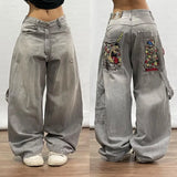 QDBAR Retro Y2k Fashion Casual Loose Big Pocket Jeans Harajuku High Waist Straight Leg Street Hip Hop Wide Leg Trousers Baggy Pants