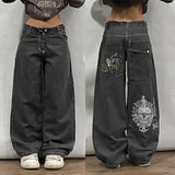 QDBAR 90s Streetwear Y2K Light Colored Flowers Trousers Mens Womens Hand Painted Literary Retro Casual Mid Waist Street Hip Hop Wide Leg Washed Jeans