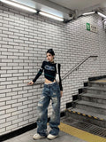 QDBAR 90s Streetwear New Retro Ripped Jeans for Women Tie Dye Letter Print Women Jeans Y2k Pants Hip Hop High Waist Baggy Jeans Women Streetwear