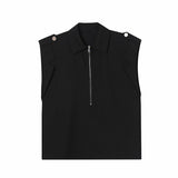 QDBAR Solid Sleeveless Half Zip Lapel Tank Top