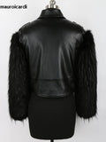 QDBAR Winter Short Thickened Warm Soft Fluffy Black Patchwork Pu Leather Biker Jacket with Faux Fur Inside and Sleeves