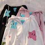 QDBAR 90s Streetwear Y2k Zip Hoodie Sweatshirt Loose Long Sleeve Coat Kawaii Clothes Tops Harajuku Jacket Casual Gothic Cartoon Patchwork Streetwear