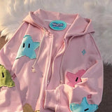 QDBAR 90s Streetwear Y2k Zip Hoodie Sweatshirt Loose Long Sleeve Coat Kawaii Clothes Tops Harajuku Jacket Casual Gothic Cartoon Patchwork Streetwear