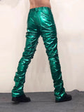 QDBAR Purple Green Shiny Reflective Skinny Stretchy Faux Leather Stacked Pants for Men Sexy Latex Trousers Y2K Streetwear