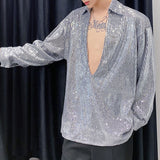 QDBAR Vintage Deep V-neck Sequined Shirt