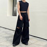 QDBAR Rivet Button Sleeveless T-Shirt Detachable Wide-Leg Pants Set