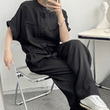 QDBAR Asymmetric Pocket Stand Collar Short Sleeve Jumpsuit