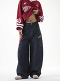 QDBAR 90s Streetwear New American Style Splicing Plaid Washed Cargo Pants Women Retro Wide Leg High Waisted Baggy Jeans Women Hip Hop Denim Pants