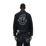 QDBAR 90s Streetwear Y2K Streetwear Mens Womens Hip Hop Letter Embroidered Jacket Jeans Two Piece Tracksuit Retro Loose Leather Biker Punk Jacket Set