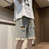 QDBAR American high street retro raw edge ripped denim shorts men's summer thin fashion brand trend handsome five point pants y2k tops