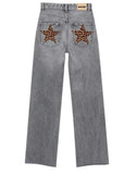 QDBAR Harajuku Hip Hop Leopard Five Pointed Star Jeans Y2K Embroidery Womens American Retro Blue Baggy Jeans High Waist Slim Pants