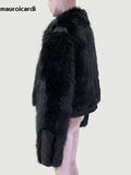 QDBAR Autumn Winter Short Black Thickened Warm Hairy Shaggy Pu leather Patchwork Faux Fox Fur Coat Women Fluffy Jacket