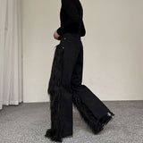 QDBAR Dark Plush Patchwork Denim Wide-leg Pants