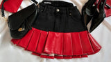 QDBAR Y2K Black Red Color Denim Splicing Leather Skirt Suit Women Harajuku Long Sleeved Zipper Jacket Gothic Pleated Skirt Autumn Suit