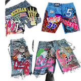 QDBAR 90s Streetwear Hip Hop Gothic Patchwork Y2K Denim Shorts Mens Womens Harajuku Baggy Sweatpants High Waist Casual Gym Shorts Streetwear