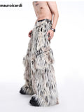 QDBAR Autumn Winter Long Colorful Thick Warm Hairy Fluffy Faux Fur Wide Leg Pants Men Pockets Runway Fashion Streetwear