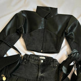 QDBAR Y2K Denim Spliced Leather Black Skirt Suit Harajuku Slim Pleated Skirt Gothic Zipper Long Sleeved Jacket Autumn Two Piece Sets