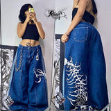 QDBAR 90s Streetwear 2024 New High Waisted Baggy Jeans Women Oversized Pattern Print Blue Slouchy Straight Wide Leg Pants Goth Harajuku Streetwear