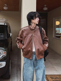 QDBAR Spring Autumn Cool Handsome Short Maillard Style Brown Pu Leather Racker Jacket Men Loose Casual Korean Fashion 2025