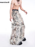 QDBAR Autumn Winter Long Colorful Thick Warm Hairy Fluffy Faux Fur Wide Leg Pants Men Pockets Runway Fashion Streetwear