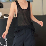 QDBAR Thin Mesh Translucent Cutout Knit Tank Top